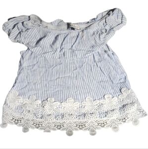 Vintage Med Crochet Trim Blue and White Striped Off ShoulderTop